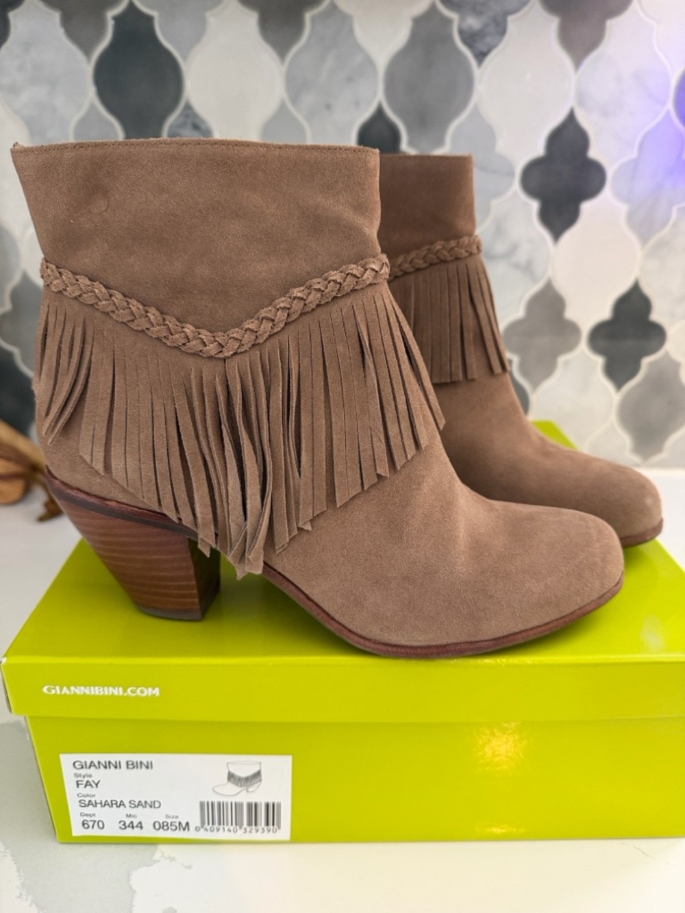 Gianni Bini Fringe Suede Ankle Boots in Sahara Sand